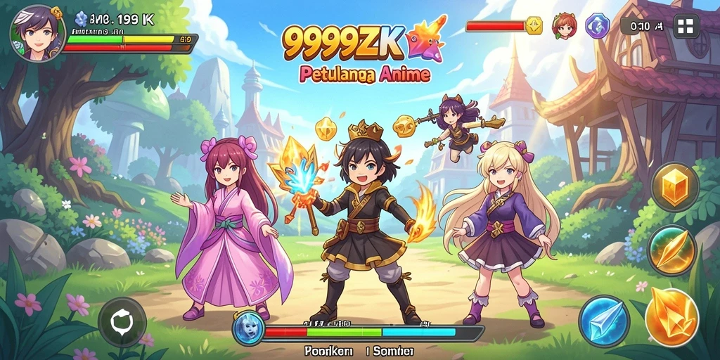 Screenshot gameplay <strong>999ZK</strong> dengan karakter anime yang dinamis.