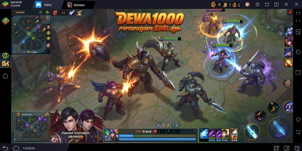 Screenshot DEWA1000 menunjukkan pertarungan seru dengan karakter MOBA.