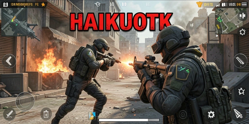 Tangkapan layar HAIKUOTK yang menampilkan aksi pertempuran FPS yang mendebarkan.