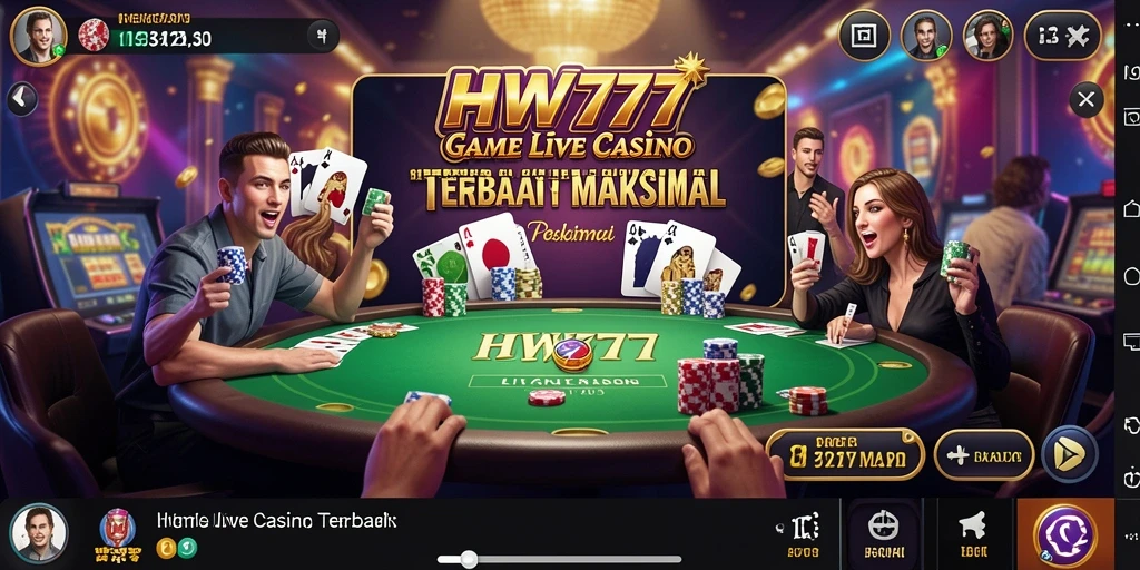 Screenshot gameplay HW777 menampilkan dealer yang ramah dan suasana permainan yang mendebarkan.
