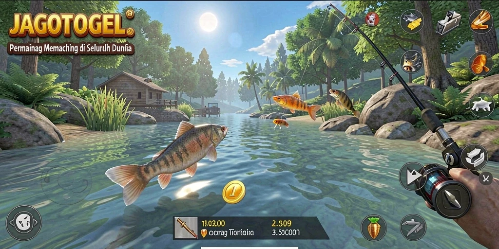 Screenshot utama JAGOTOGEL menunjukkan gameplay memancing yang menarik dan penuh warna.