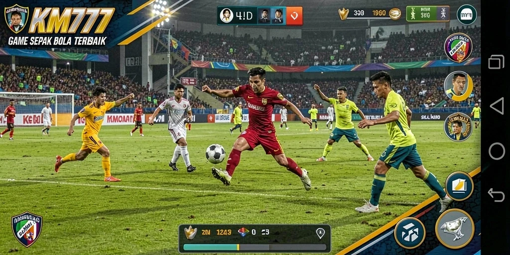Screenshot gameplay KM777 dengan aksi seru sepak bola.