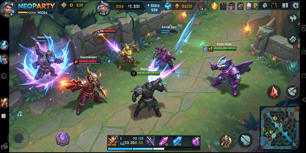 Screenshot gameplay NEOPARTY yang menunjukkan pertarungan tim yang seru.
