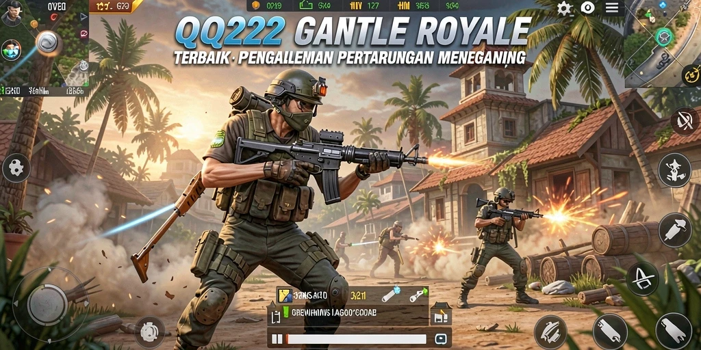 Screenshot gameplay QQ222 menampilkan pertempuran intens dalam Battle Royale.