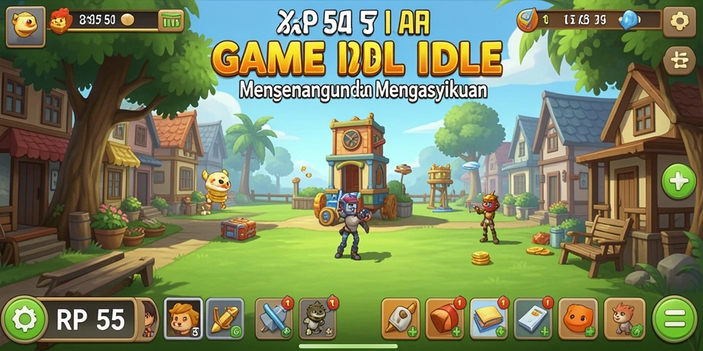Screenshot utama RP55 menampilkan gameplay Idle yang menarik dan penuh warna.