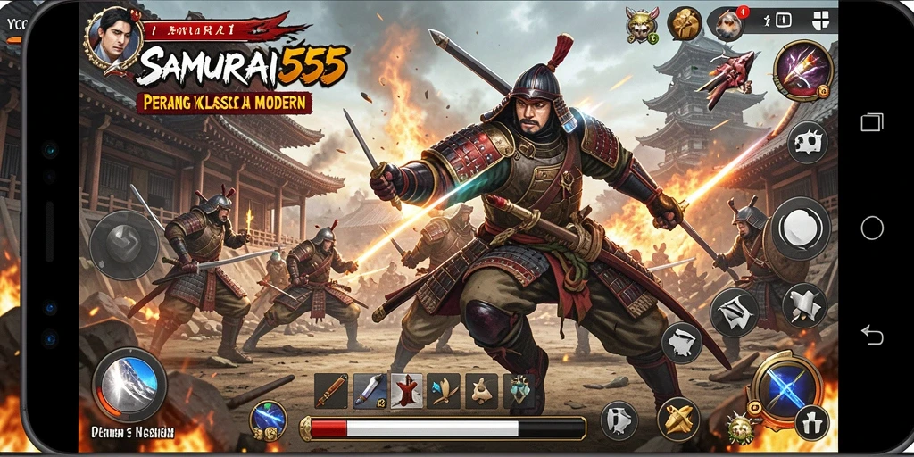 Screenshot gameplay SAMURAI555 yang menunjukkan aksi mendebarkan.