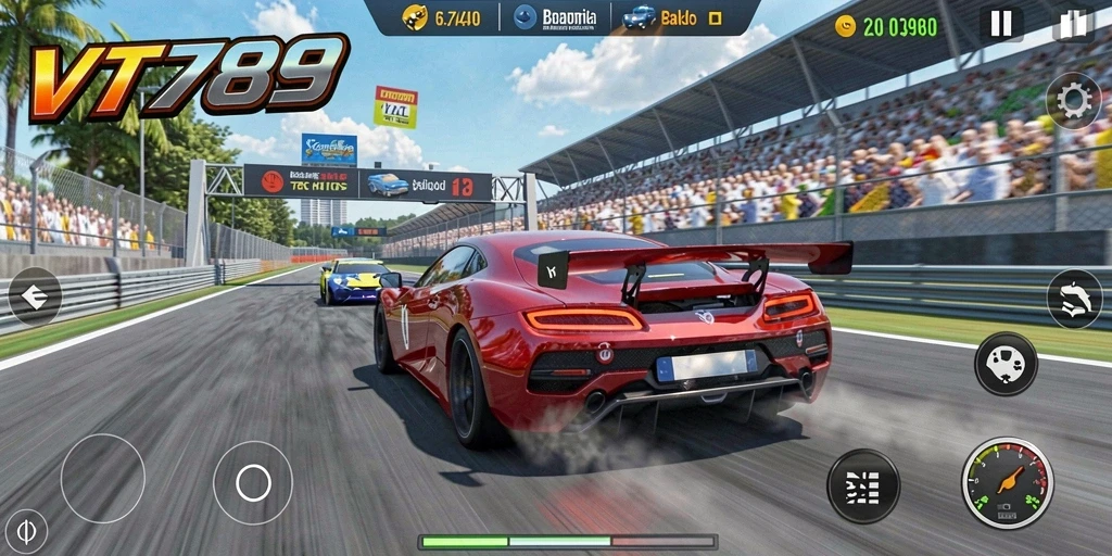 Tangkapan layar gameplay VT789 yang menunjukkan aksi balapan yang mendebarkan.